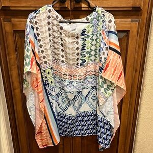 Chico's Blue and White Relaxed Tunic with Graphic Patterns